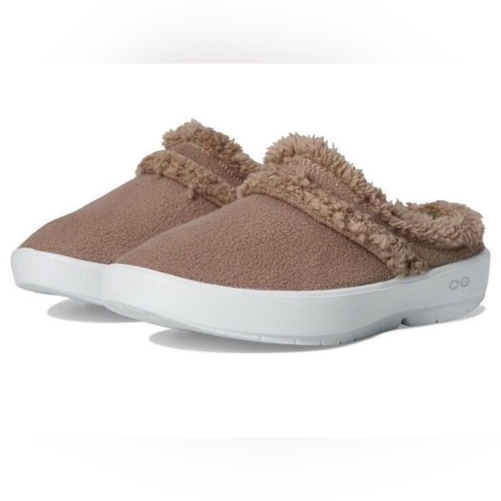 OOFOS Brown and White Mules
